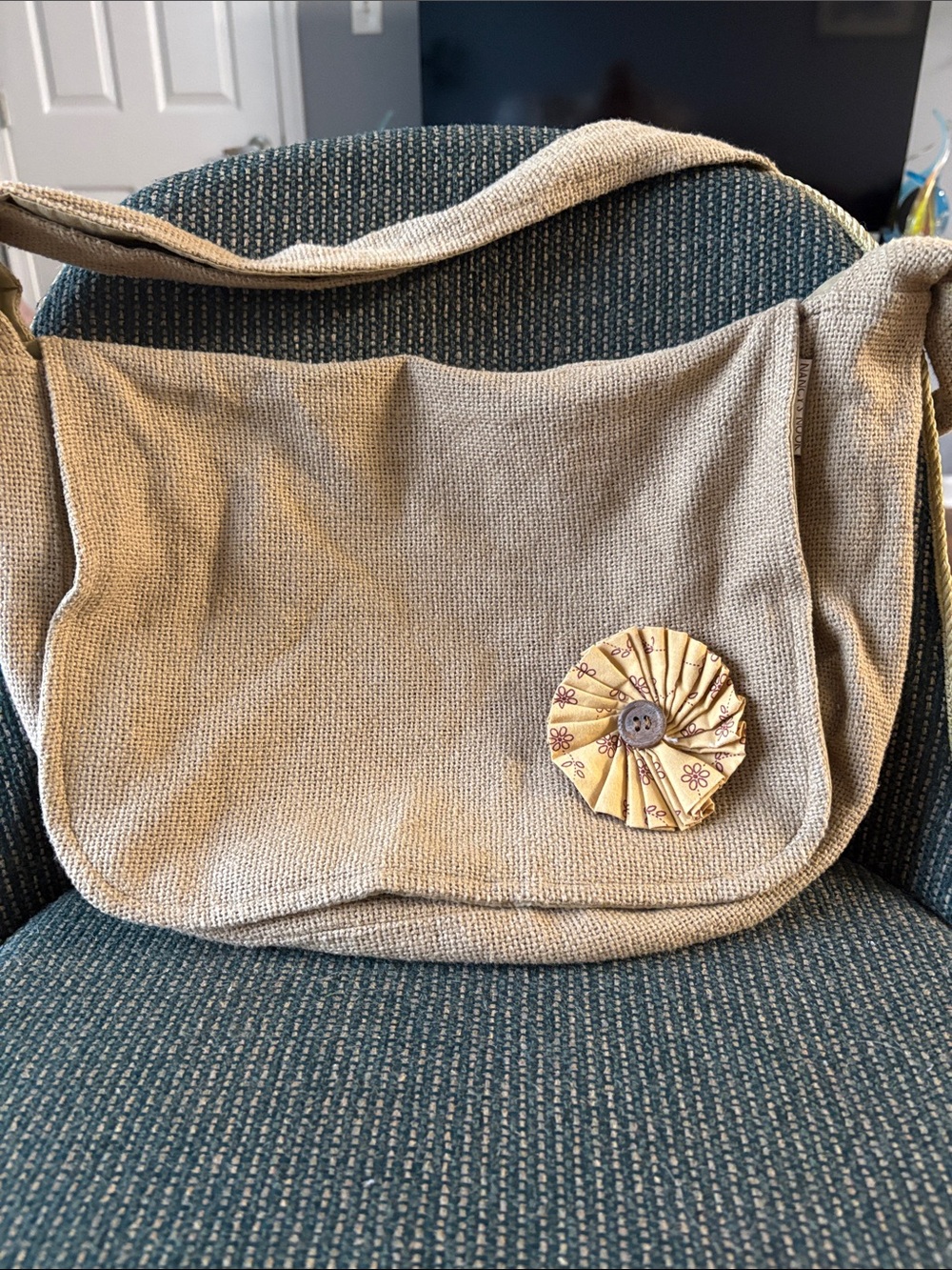 Canvas Crossbody Messenger Bag with Decorative Yellow Rosette